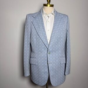 Van Cort Blazer Mens 44R Light Blue Plaid Vintage 70s Polyester Sport Coat